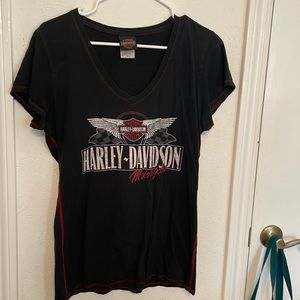 Black V-neck, short sleeve, Harley Davidson.